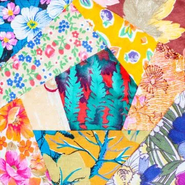 Sewing pieces of patchwork quilt close up Fotos de archivo