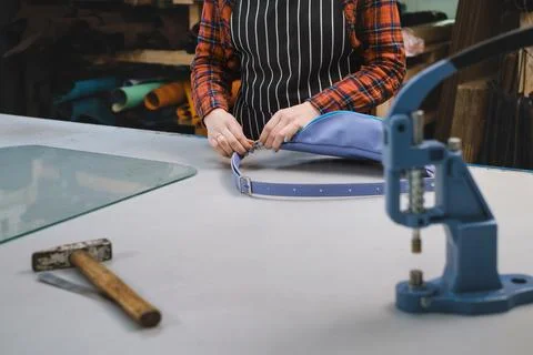Sewing process. Small business making leather and canvas bags Stock Photos