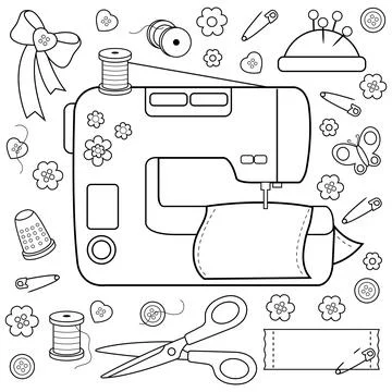 Sewing project tools and equipment. Vector black and white coloring page. Stock Illustration