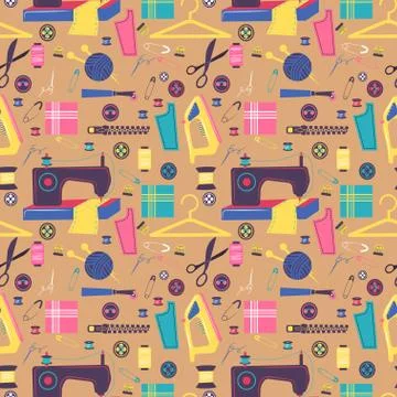 Sewing related elements, seamless color pattern Stock Illustration
