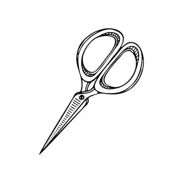 Sewing scissors line art. Thread trimming tool. Tailor profession. Hand drawn Stock Illustration