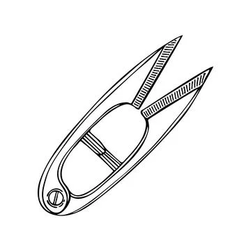 Sewing scissors line art. Thread trimming tool. Tailor profession. Hand drawn Stock Illustration