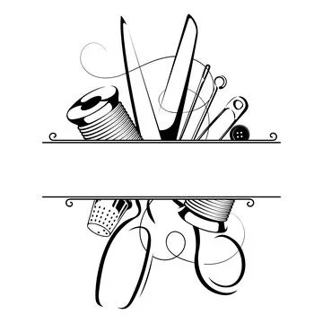 Sewing scissors, needle with nick, thimble symbol for seamstress and tailor Illustrazione stock