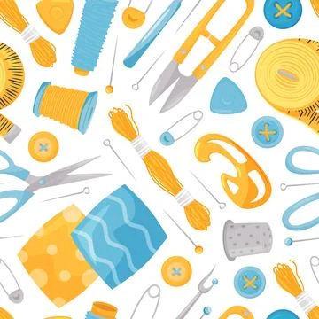 Sewing Seamless Pattern Design with Tools for Handmade Craft Vector Template Stock Illustration