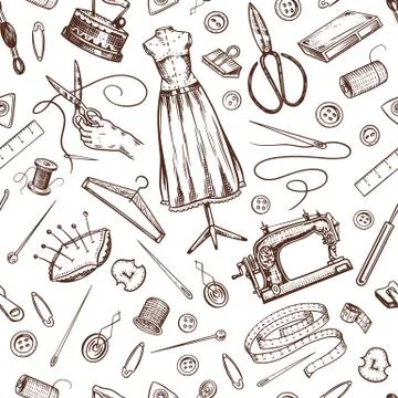 Sewing Seamless pattern. Tools and elements or materials for needlework. Tailor Stock Illustration