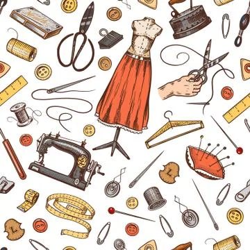 Sewing Seamless pattern. Tools and elements or materials for needlework. Tailor Illustrazione stock