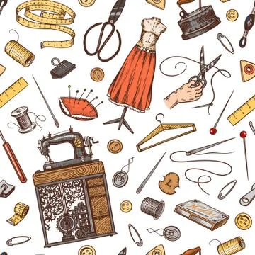 Sewing Seamless pattern. Tools and elements or materials for needlework. Tailor Stock Illustration