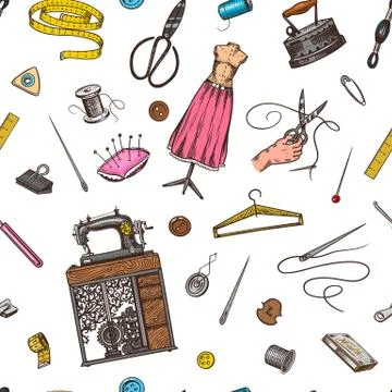 Sewing Seamless pattern. Tools and elements or materials for needlework. Tailor イラスト素材