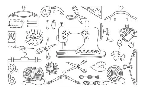 Sewing set black line thread scissors pin vector Stock Illustration