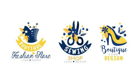 Sewing Shop Logo Design Set, Fashion Boutique Bright Hand Drawn Labels Vector Stock Illustration