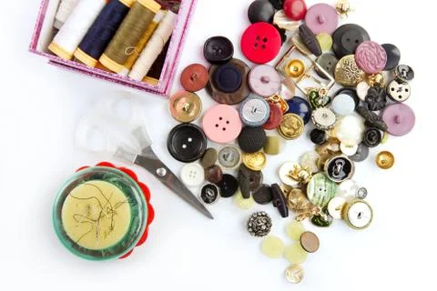 Sewing stuff buttons nails thread scissors Stock-Fotos