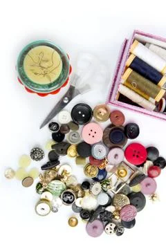 Sewing stuff buttons nails thread scissors Stock Photos