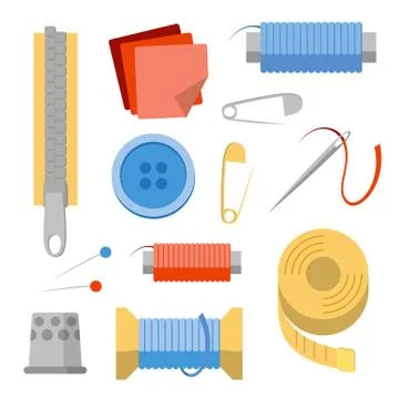 Sewing stuff set. Needles, pins, thread, buttons, fabric, zipper, thimble Stock Illustration