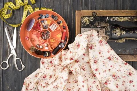 Sewing supplies flowery pattern Stock Photos
