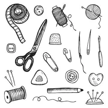 Sewing supplies objects set vector sketches Stock Illustration