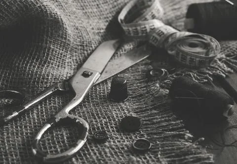 Sewing Thimble. Needle and thread. Scissors Stock Photos