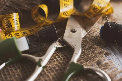 Sewing Thimble. Needle and thread. Scissors Stock Photos