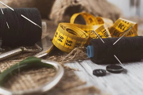 Sewing Thimble. Needle and thread. Scissors Stock Photos