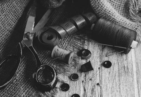 Sewing Thimble. Needle and thread. Scissors and a centimeter are the tools Stock Photos