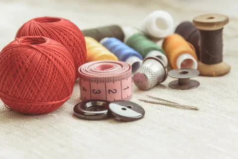 Sewing thread and for knitting, composition of seamstress Stock Photos