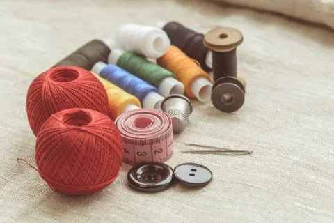 Sewing thread and for knitting, composition of seamstress Stock Photos