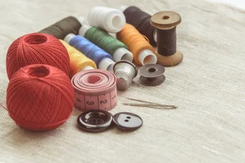 Sewing thread and for knitting, composition of seamstress Stock Photos