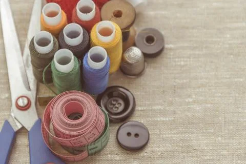 Sewing thread and for knitting, composition of seamstress Stock Photos