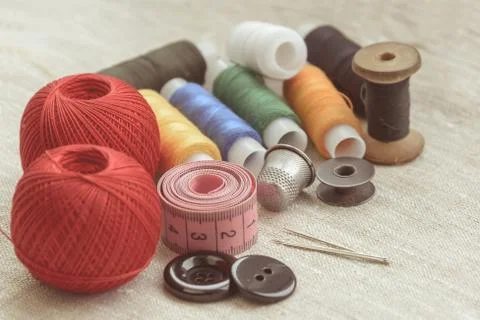Sewing thread and for knitting, composition of seamstress Stock Photos