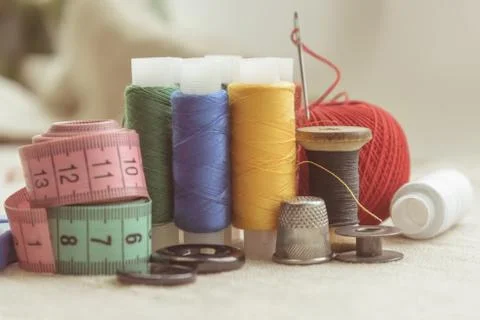 Sewing thread and for knitting, composition of seamstress Stock Photos