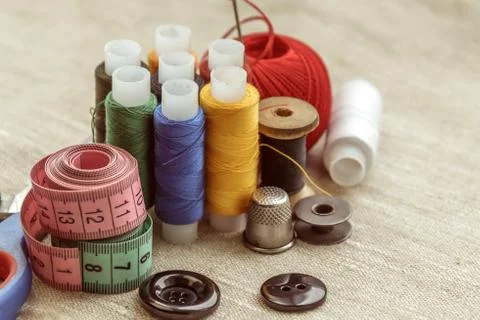 Sewing thread and for knitting, composition of seamstress Stock Photos