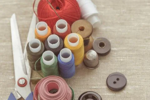 Sewing thread and for knitting, composition of seamstress Stock Photos