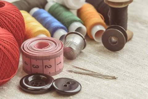 Sewing thread and for knitting, composition of seamstress Stock Photos