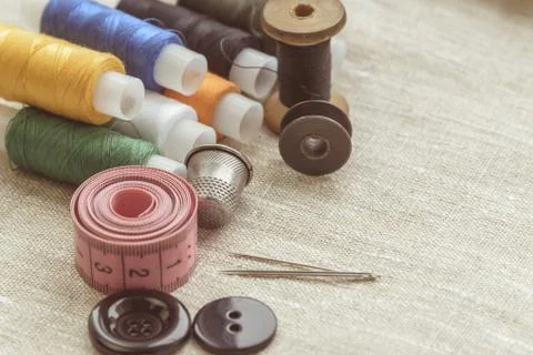 Sewing thread and for knitting, composition of seamstress Stock Photos