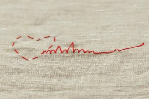 Sewing thread and for knitting, a red string in the form of a medical heart o Stock Photos