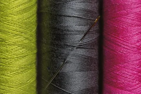 Sewing thread and sewing needle in 3 colors green rose and black. Stock Photos