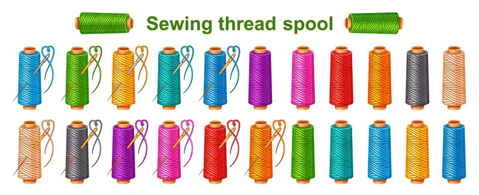 Sewing thread spool with needle, handmade sew, color yarn skein color icon set Stock Illustration