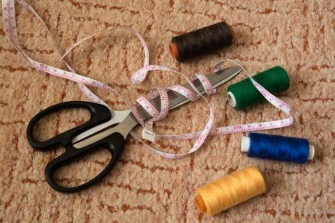 Sewing Threads, Meter and Scissors. Stock Photos