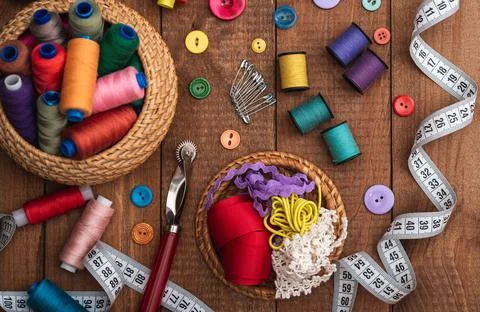 Sewing tool for needlework, colored threads centimeter and buttons with a pair Stock Photos