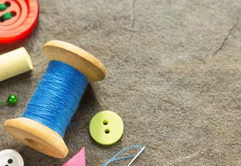 Sewing tools and accessories on table Stock Photos