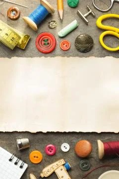 Sewing tools and accessories on table Stock Photos