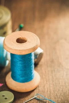 Sewing tools and accessories on table Stock Photos