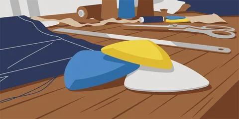 Sewing tools and blue fabric workspace Иллюстрация