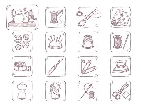 Sewing tools and crafts brown line art doodle icon set on white background. Stock Illustration