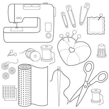 Sewing tools and equipment. Vector black and white coloring page Stock Illustration