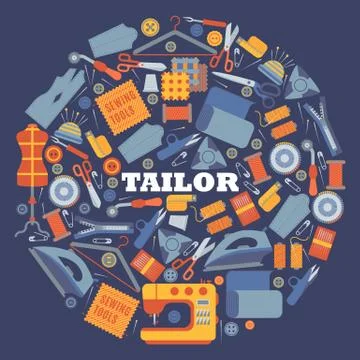 Sewing tools and tailoring accessories in round frame composition, vector Stock-Illustration
