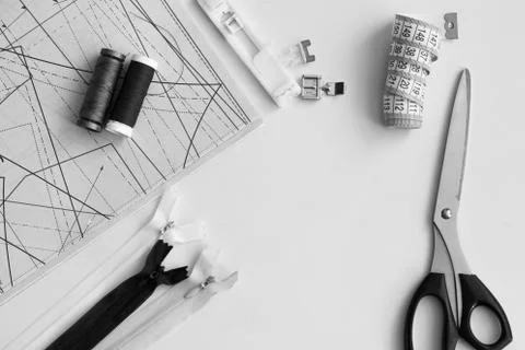 Sewing tools background with space for text Stock Photos