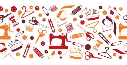 Sewing Tools Border, Banner with Hand Drawn Elements. Tailoring accessories - Stock Illustration