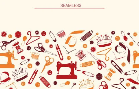 Sewing Tools Border, Banner with Hand Drawn Elements. Tailoring accessories - Stock Illustration