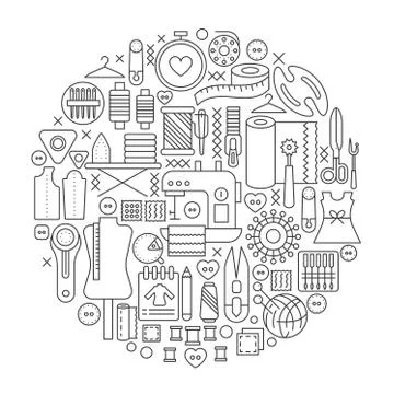 Sewing tools concept in circle - concept line illustration for cover, emblem Stock Illustration