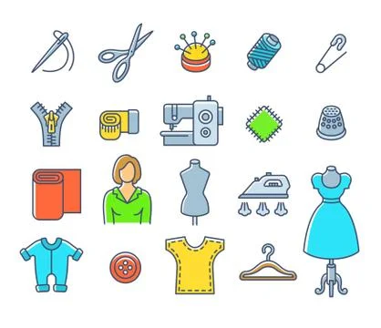 Sewing tools flat outline vector icons Stock Illustration